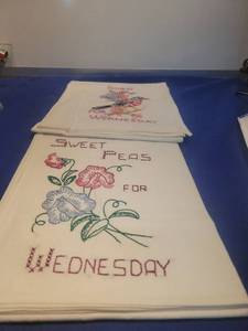 lot 4781 image: Hand Embroidered Wednesday Tea Towels Set