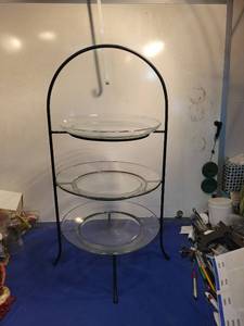 lot 4952 image: 3-Tier Glass Serving Stand with Black Metal Frame