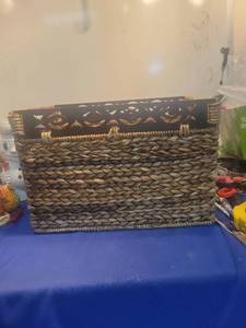 lot 5119 image: Decorative Woven Storage Basket with Metal Trim