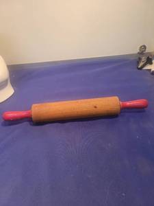 lot 5151 image: Wooden Rolling Pin with Red Handles