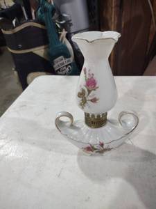 lot 5873 image: White Porcelain Lamp with Pink Rose Design