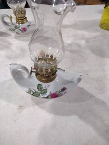lot 5876 image: Porcelain Oil Lamp with Rose Pattern