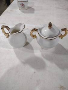 lot 5906 image: White Porcelain Floral Cream and Sugar Set with Gold Handles