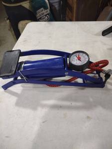 lot 5929 image: Blue Metal Foot Pump with Pressure Gauge
