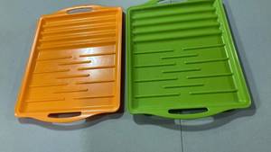 lot 6793 image: Colorful Plastic Serving Trays with Handles - Set of 2  17 12 inch x 12 12��