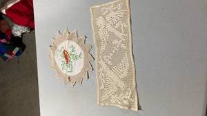 lot 6811 image: Handmade Bird Doily and Lace Runner Set