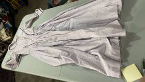 lot 6830 image: White Patterned Cotton Prairie Dress with Purple Trim small size