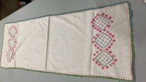 lot 6835 image: Hand Embroidered Linen Runner with Green Trim