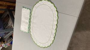 lot 6848 image: White Cotton Table Runner with Green Scalloped Edge