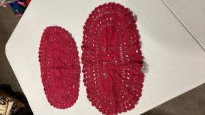lot 6849 image: Handmade Red Oval Doilies Set