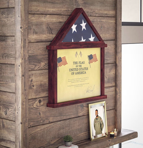 lot 4789 image: 18.5 x 3.5 x 22.5 in. Quincy Flag & Certificate Display Case, Solid Pine Wood Flag Shadow Box Fits 3x5 Folded Flag, Mahogany Finish - Retail $85