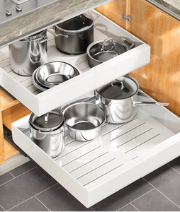 lot 4790 image: Kitstorack Pull out Cabinet Organizer, Expandable(12-20) Heavy Duty Slide out Drawers Fixed with Adhesive Nano Film for Pots, Roll out Shelf Storage for Kitchen Base Cabinet Organization(White) - Retail $49