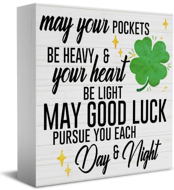 lot 328 image: HTBIG Funny St Patricks Day Shamrock Decor Desk Decor Wooden Box Sign St Patricks Day Decorations Irish Blessing Wood Block Sign for Home Office Shelf Table Decoration May Your Pockets Be Heavy lot of 2