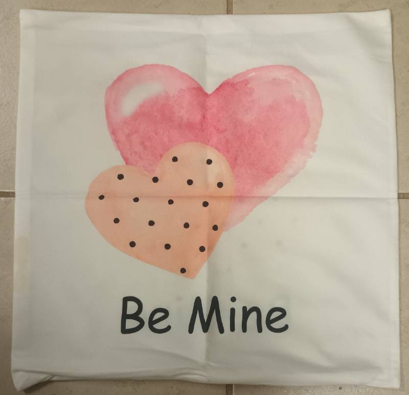 lot 611 image: Valentines Day Be Mine Pillow Cover 18x18 Inch - Watercolor Pink and Peach Hearts Design with Polka Dots - Romantic Cushion Case for Home and Couples Deco