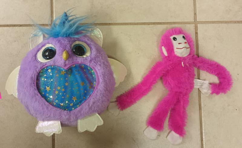 lot 618 image: Plush Owl and Pink Monkey Toy Set