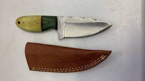 lot 201 image: Handcrafted small full tang knife blade with leather sheath hunting  fishing approx 7.5 inches