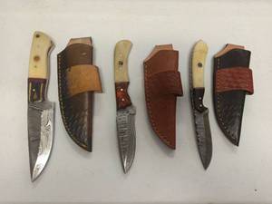 lot 7214 image: Handcrafted Damascus Steel Hunting Knives Set lot of 3 retail $120