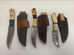 lot 7217 image: Handcrafted Damascus Steel Hunting Knife Set lot of 3 Retail $120