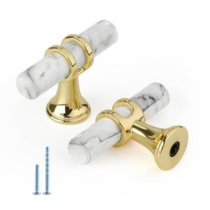 lot 72013 image: Cabinet Handles Marble Drawer Pulls and Knobs, 10Pack White Marble & Gold Single Hole, T-Bar Hardware for Kitchen Dresser Zinc Alloy Furniture - Retail $27
