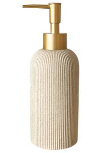 lot 72017 image: Sand Beige Hand Soap Dispenser for Bathroom and Kitchen with Matte Gold Pump, Lotion, Dish Soap, Multiuse, Luxury Farmhouse Style, Sandstone Finish, Rust Proof, 7oz (Matte Gold) - Retail $27