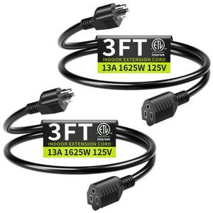 lot 72031 image: 3FT (2Pack) 13A 125V 1625W ETL Listed, 163 Indoor Extension Cord Black, Short Extension Cord for Laptops, Coffee Makers, Office Home Appliances, 3 Prong Small Resistant Cable Flexible - Retail $7