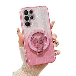 lot 72047 image: Phone Case for Samsung Galaxy S22 Ultra, Compatible with Magsafe, with Butterfly Kickstand  Clear Cover for Galaxy S22 Ultra Case, Rose GoldA little scratched on bottom  - Retail $10