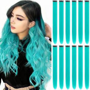lot 72056 image: 12 PCS Teal Blue Hair Extensions Clip in, Colored Party Highlights Extension for Kids Girls Synthetic Hairpiece Straight 22 inch - Retail $7