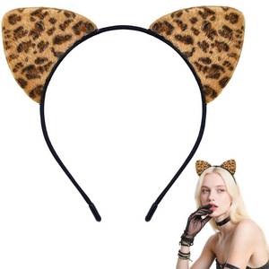 lot 72060 image: Black Cat Ears Headband Furry - Halloween Cat Woman Ears for Women, Cat Costume Accessories Kitty Ears Cheetah Leopard Print (Gold Cheetah) - Retail $10
