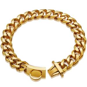 lot 72077 image: Gold Dog Chain Collar Walking Metal Chain Collar with Design Secure Buckle,18K Cuban Link Strong Heavy Duty Chew Proof for Small Dogs(19MM, 12) - Retail $32