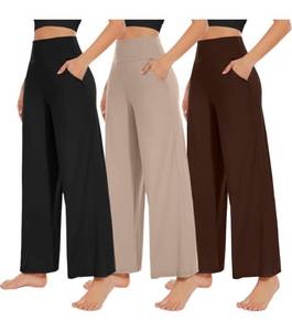 lot 72087 image: 3 Pack Womens Wide Leg Pants with Pockets High Waist Loose Sweatpants Casual Lounge Yoga Workout Palazzo - Retail $35