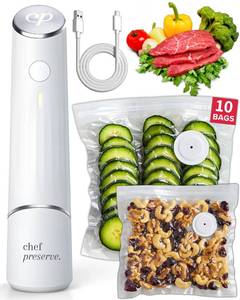 lot 72088 image: Chef Preserve Compact Vacuum Sealer for Food (Vacuum Sealer Machine  8 Reusable Vacuum Bags) Powerful Handheld Vacuum Sealer Machine, Seal Meal Saver, Portable Food Sealer - Retail $70