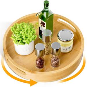 lot 72092 image: Lazy Susan Organizer Homerays 12 Inch Non-Skid Bamboo Lazy Susan for Kitchen Rotating Spice Rack with Handles, Wood Turntable for Kitchen Cabinet, Countertop (Bamboo, Medium) - Retail $23