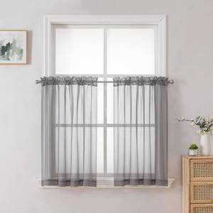 lot 72107 image: Sheer Curtains Tiers 42W x 24L Inches, Light Filtering Small Curtains, Short Bathroom Living Room Cafe Basement Voile Window Curtain, Rod Pocket, 2PCS, Charcoal Grey - Retail $8