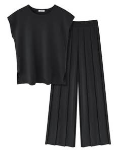 lot 72108 image: Lounge Sets for Women Two Piece Outfits Knit Cap Sleeve Tops Wide Leg Pleated Pants Casual Dressy Sweater Sets Black - Retail $28