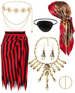 lot 72133 image: Woman Pirate Costume with Accessories Set, Pirate Skirt Women Adults Head Scarf Skeleton Necklace Sash Chain Belt Eye Patch for Halloween Cosplay Outfits - Retail $15