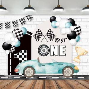 lot 72151 image: Fast One 1st Birthday Backdrop 7Wx5H Feet Kids Boys Racing Car Teal Black White Plaid Flag Cool Polyester Fabric Bday Cartoon Cute Photography Backgrounds Photo Shoot Decor Props Decoration - Retail $15
