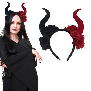 lot 72157 image: Halloween Red Black Rose Flowers Devil Horn Headband Gothic Horns Hair Hoop Costume Hair Accessories for Halloween Cosplay Party - Retail $10