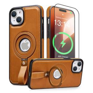 lot 72166 image: iPhone 15 PlusiPhone 14 Plus Leather Case with Stand, Anti-Slip Grip Ring, Fits for MagSafe (Brown, IP1514 Plus-6.7inch) - Retail $27