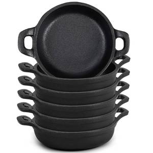 lot 72192 image: Mini Cast Iron Skillets 5 x 5 x 1.3 Inch Cast Iron Pan Small Ramekin Set Black Casserole Dish Cookware Oven Safe Mini Skillets for Kitchen Indoor Outdoor Picnic (6 Pack) - Retail $40