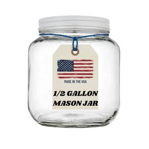 lot 72199 image: Half Gallon Glass Large Mason Jar Wide Mouth with Airtight Metal Lid - 12 Gallon (64oz) Capacity - Pickling, Storing and Canning- BPA-Free Dishwasher Safe - Made in USA - Retail $19