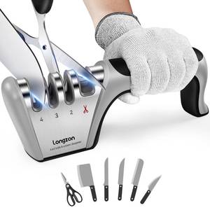 lot 72204 image: 4-in-1 Knife Sharpener 4 Stage with a Pair of Cut-Resistant Glove, Original Premium Polish Blades, Best Kitchen Knife Sharpener Really Works for Fruit Knife and Steel Knives, Scissors - Retail $16