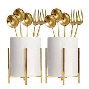 lot 72207 image: 2pcs Sturdy Cutlery Holder White Ceramic With Metal Bracket Robust Silverware Caddy For Countertop - Spoon Holder Silverware Caddy - Retail $17