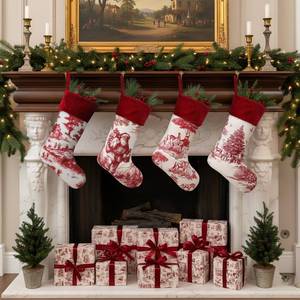 lot 72212 image: 4 Pcs Christmas Stockings Vintage Country Christmas Decoration Pink Bow Xmas Stocking 18 Inch French Toile Cute Large Hanging Xmas Ornament Gift for Tree Fireplace Holiday