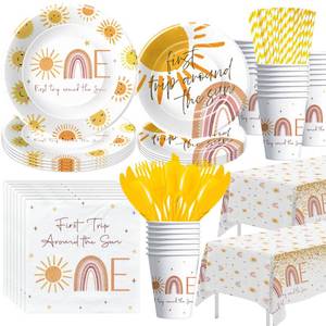 lot 72220 image: First Trip Around The Sun Birthday Decorations Tableware - Boho Sunshine Sun 1st Birthday Party Supplies, Paper Plate, Cup, Napkin, Tablecloth, Disposable Cutlery  Serves 24 - Retail $22
