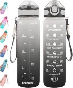 lot 72221 image: 32 oz Drinking Water Bottle with Times to Drink and Straw, Motivational with Carrying Strap, Leakproof BPA & Toxic Free, Ensure You Drink Enough Water for Fitness Gym Outdoor - Retail $10
