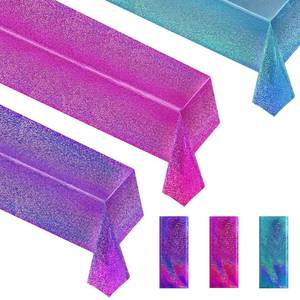 lot 72234 image: Purple & Blue & Fuchsia Red Holographic Tablecloth 40 x 108 Party Decoration Valentines Day Birthday Party Table Decor Iridescence Plastic Table Cloth for Halloween Bachelorette Supplies - Retail $12