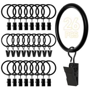 lot 72246 image: 26 PCS Curtain Rings with Clips, Curtain Hooks for Drapes, Curtain Clips with Rings 1.26 Interior Diameter, Black Curtain Rings Fit up to 1 inch Curtain Rod - Retail $5