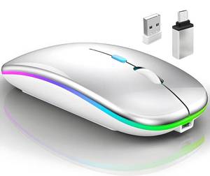 lot 72248 image: Wireless Bluetooth Mouse for MacBook AirMacProLaptopComputerPC, Rechargeable Dual Mode Switch Mouse Bluetooth 5.23.0 and 2.4GHz USB Receiver (Silver) - Retail $8