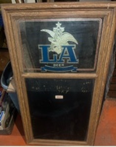 lot 55999 image: This is a vintage 1985 Anheuser-Busch LA Beer advertising mirror with a chalkboard.
