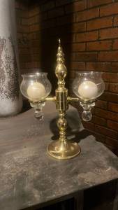 lot 62000 image: Brass Double Hurricane Candle Holder 15 tall